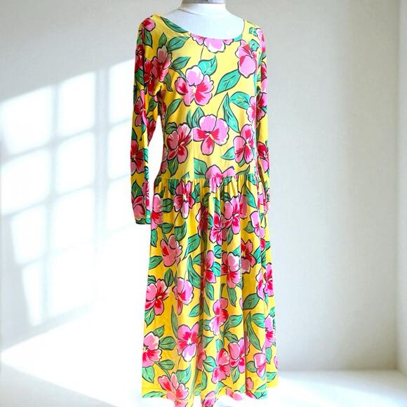 Vintage 90s Hawaiian Dress M WHITE WHEELER & MARTHA Cottagecore Drop Waist Retro - Picture 2 of 5